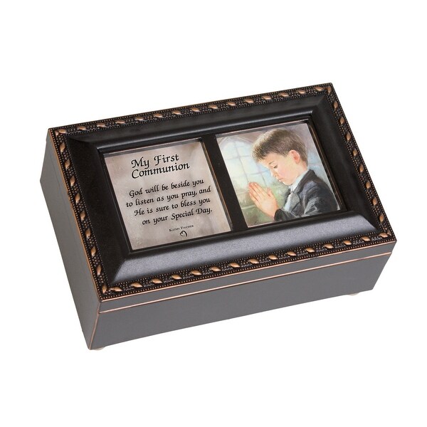 6" Black and Brown Traditional First Communion Boy Religious Musical Box - N/A