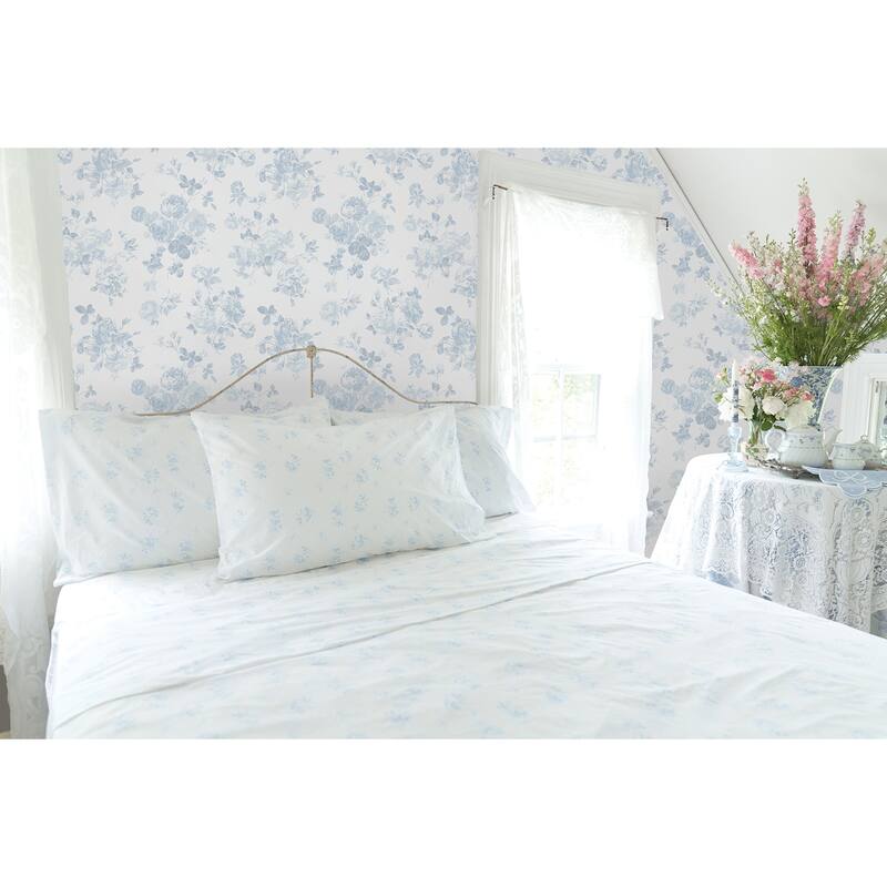 LoveShackFancy Everblooming Rosettes Blue Bella Ribbon Peel and Stick Wallpaper