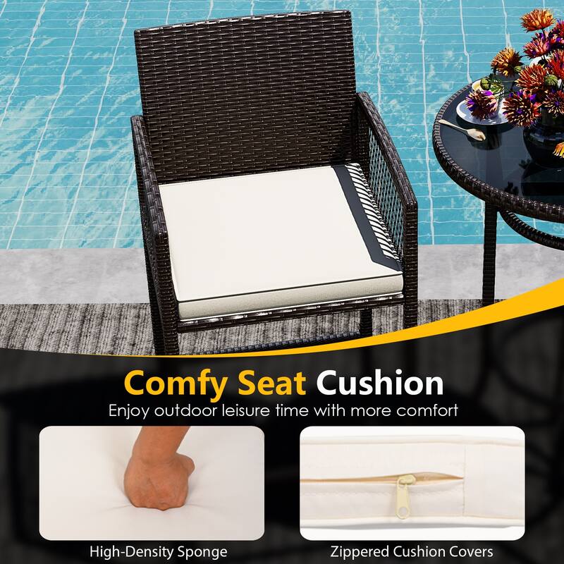 3-Piece Outdoor Patio Mix Brown Rattan Bar Set with Tempered Glass Table and Cushioned Chairs - 20.5" x 19.5" x 44"