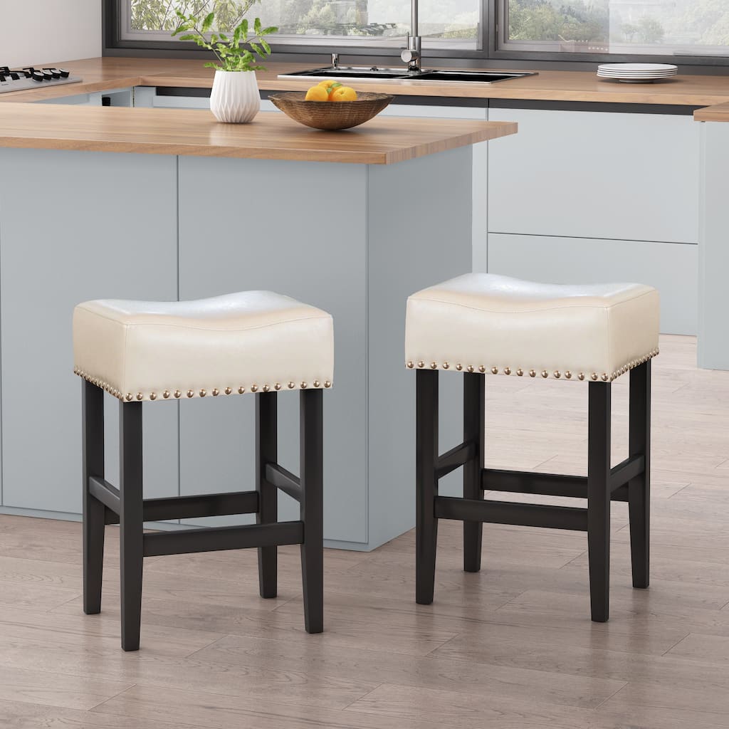 Lisette 26-inch Backless Ivory Leather Counter Stool (Set of 2) by Christopher Knight Home - 18.00" D x 15.50" W x 26.00" H