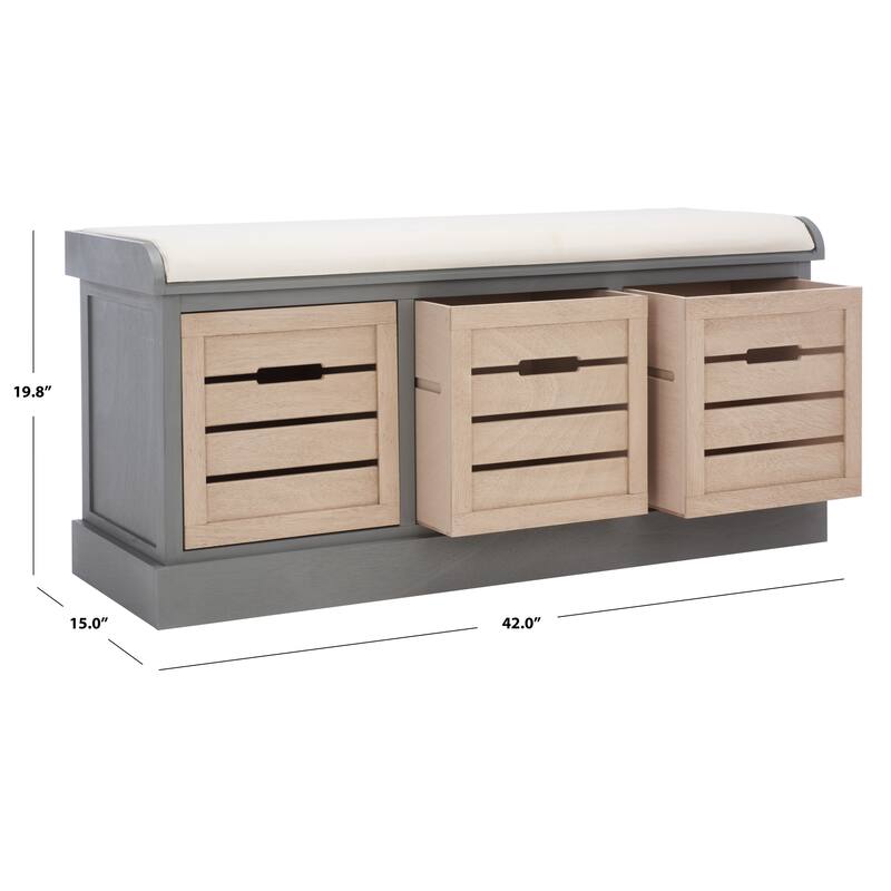 SAFAVIEH Mozella 3-Drawer Cushion Bench - 42" W x 15" D x 20" H - 42Wx15Dx20H