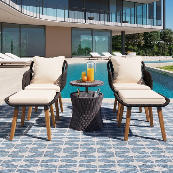 slide 2 of 20, 5 Pieces Patio Furniture Chair Sets, Patio Conversation Set With Wicker Cool Bar Table,Ottomans,Outdoor Furniture Bistro Sets Beige+Black