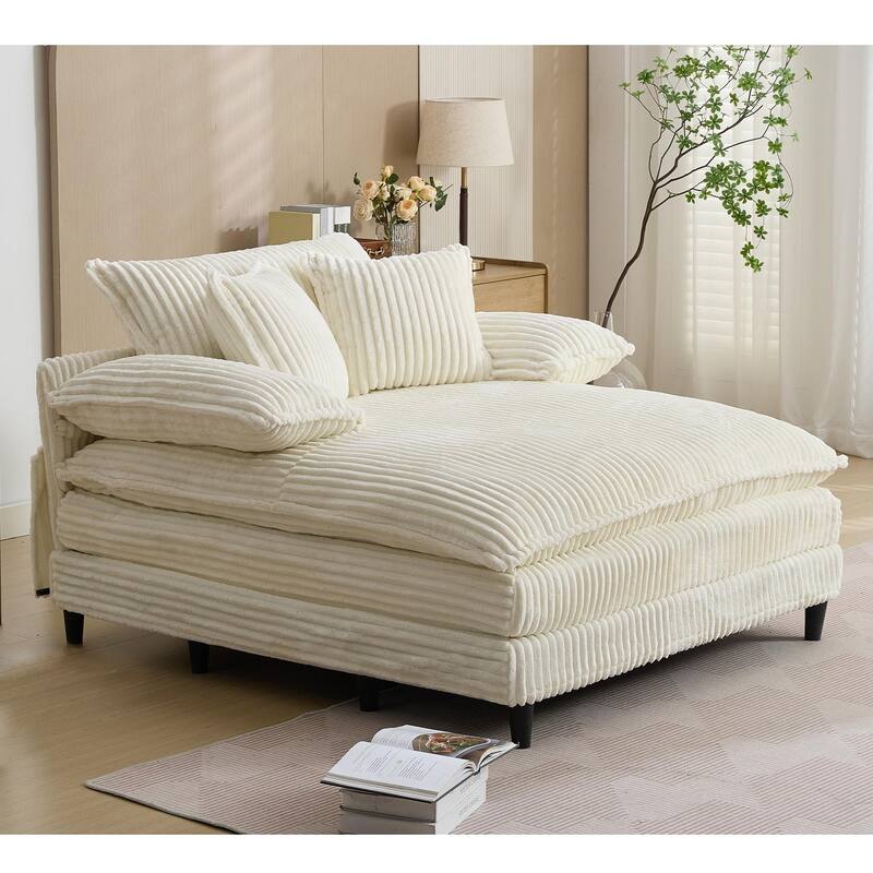 Oversized Corduroy Chaise Lounge Chair, Adjustable 4-Gear Reclining Sleeper Sofa Bed, Living Room Deep Seat Leisure Sofa Chair