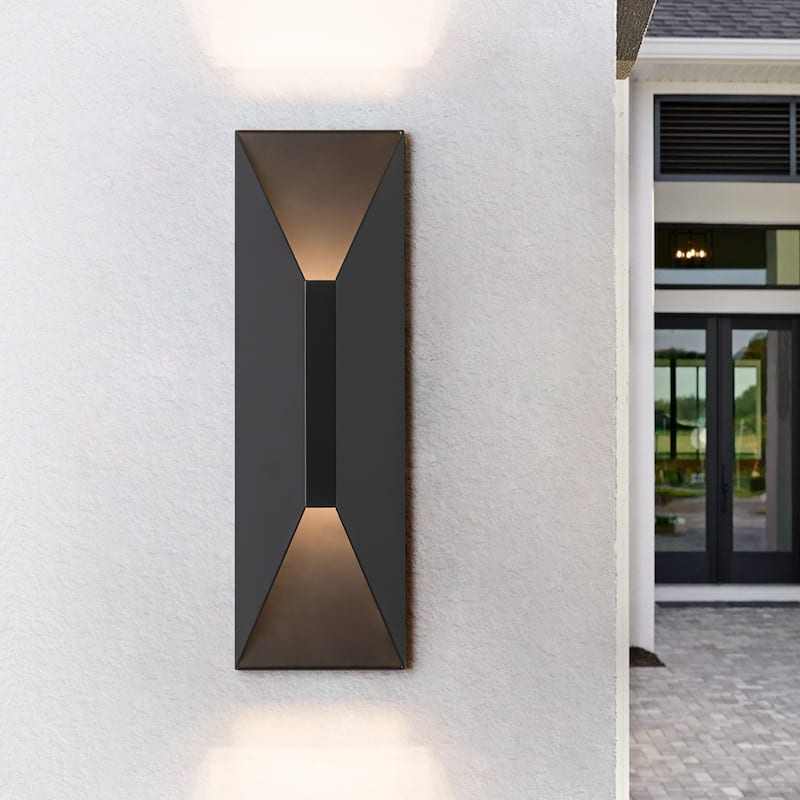 14 in. Modern Black Rectangular Geometric Integrated LED 3000K Outdoor Sconce Wall Light - 4.45 in. W x 14.06 in. H x 3.3 in. D