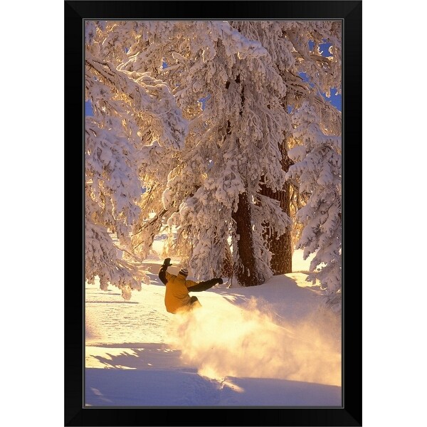 "Snowboarding through trees in Tahoe." Black Framed Print