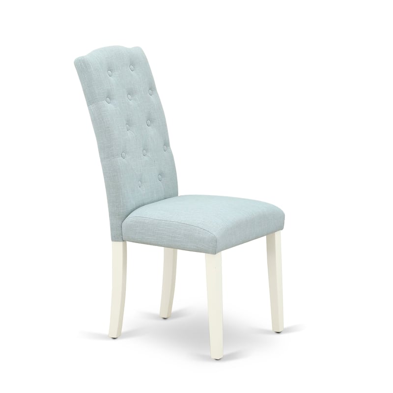 East West Furniture CEP2T15 Celina Parson Chairs - Button Tufted Baby Blue Linen Fabric Dining Chairs, Set of 2, Linen White