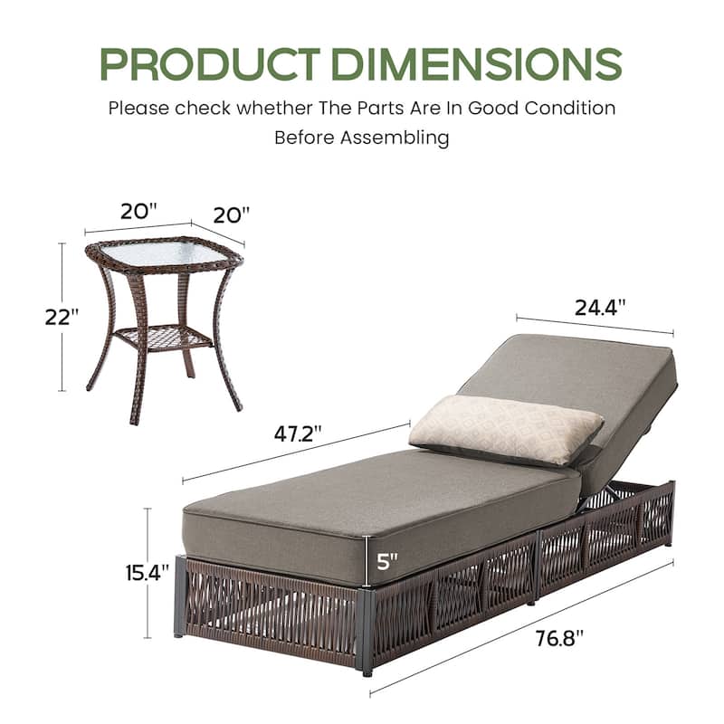 ArcoBay Brown Wicker Outdoor Patio Chaise Lounge with 5-Inch Thick Cushions and Side Table