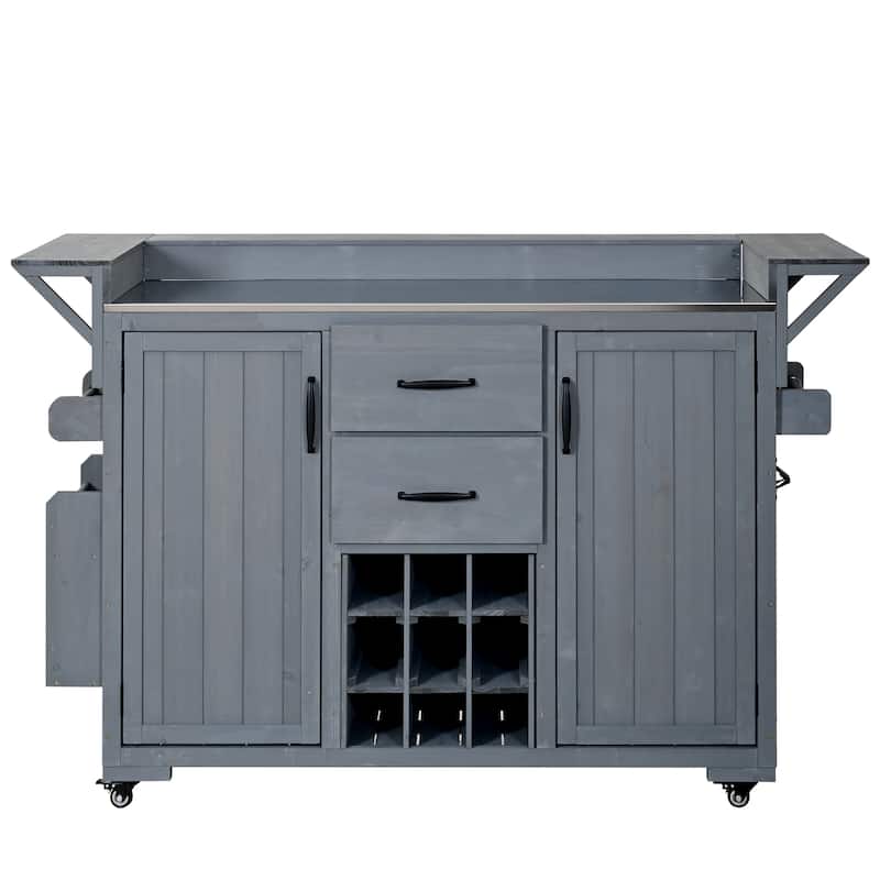 60" Rolling Outdoor Kitchen Island with Stainless Steel Top, Wood BBQ Prep Cart with Wine Rack & Drawers