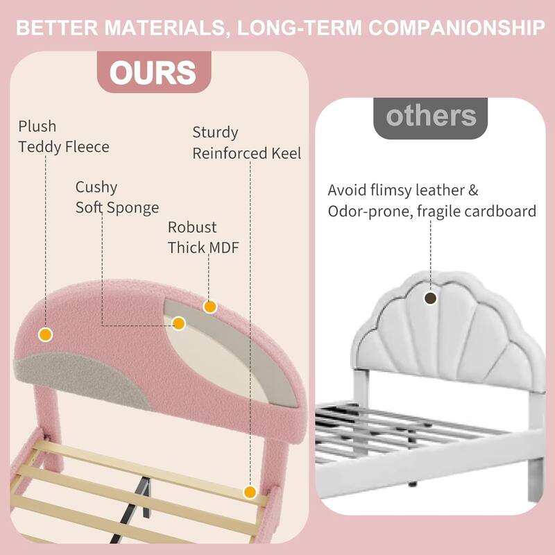 Twin Bed Frame, with Wooden Slats and Round Boucle Headboard