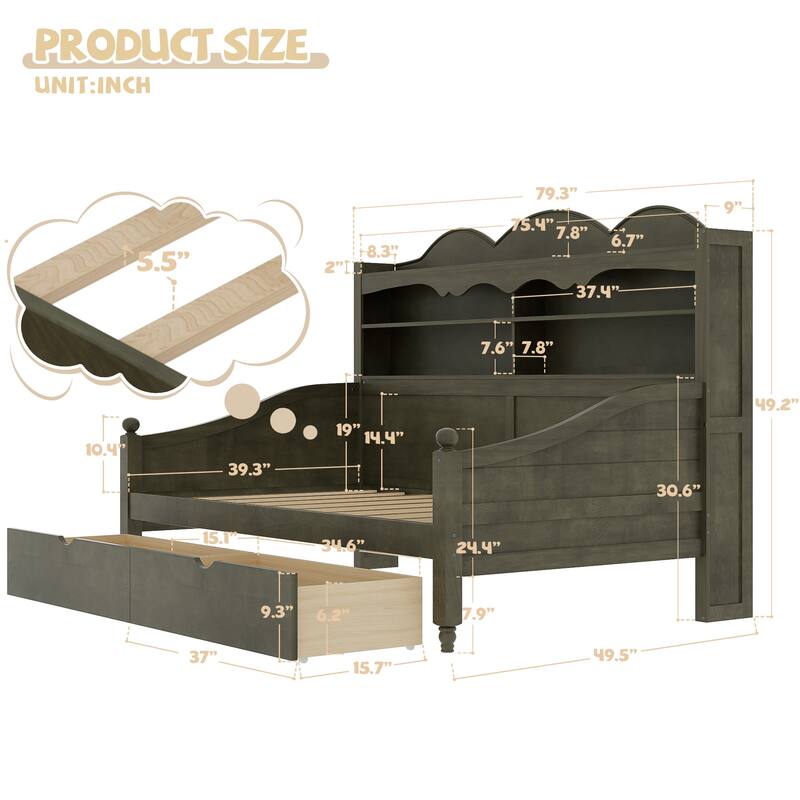 Twin Daybed with Storage Drawers and Headboard Shelving Wooden Frame