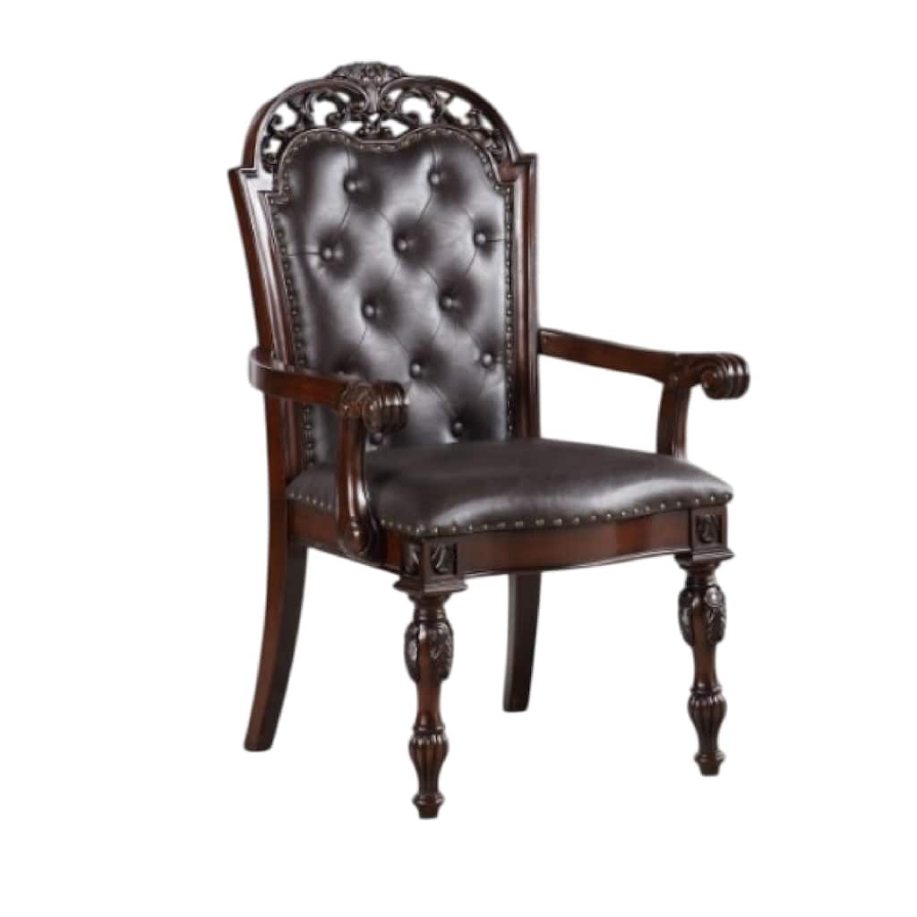 Eva Carved Dining Armchair Set of 2, Brown Tufted Faux Leather, Cherry
