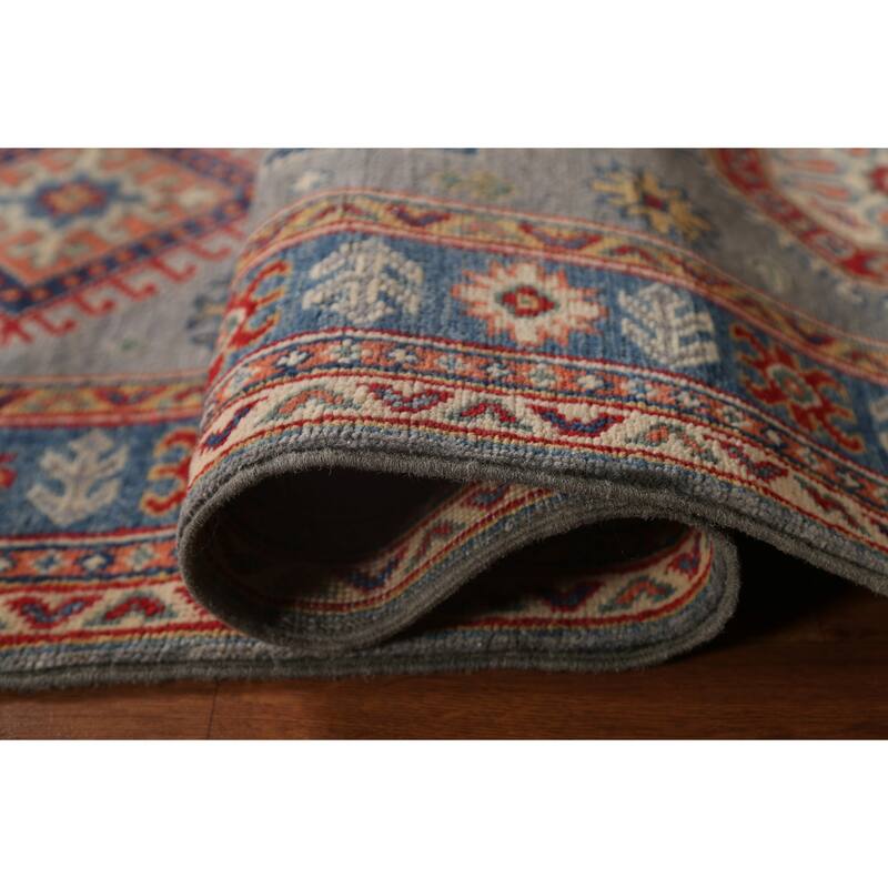 Traditional Geometric Kazak Oriental Grey Wool Runner Rug Hand-knotted - 2'8" x 9'9"