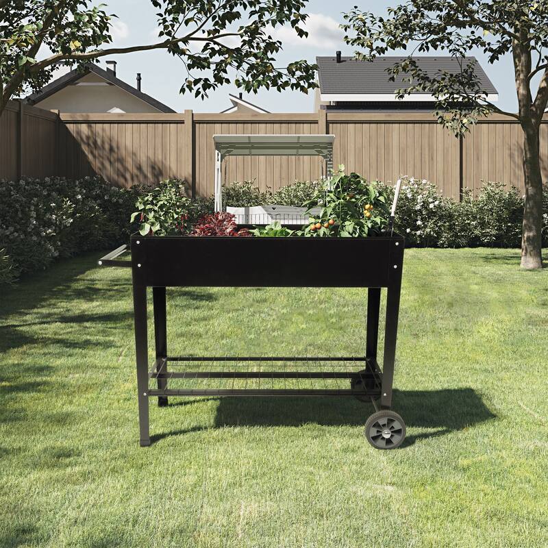 Raised Garden Bed - Planter Box with Storage Shelf by Pure Garden (Black)