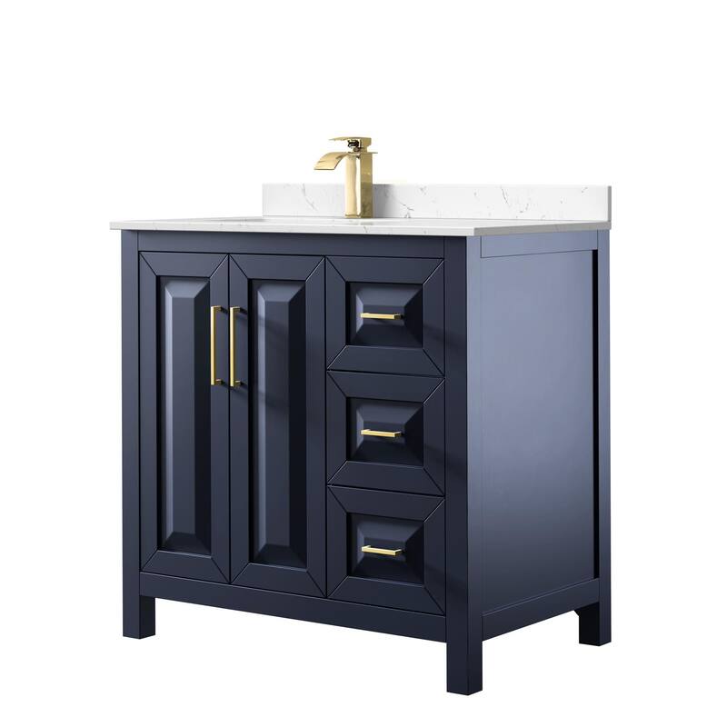 Wyndham Collection WCV252536S-Left-VCA-MXX Daria 36" Free Standing - Dark Blue / Carrara Cultured Marble Top / Brushed