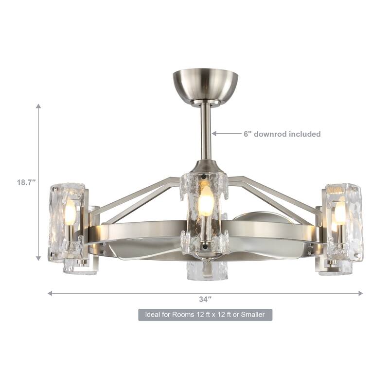 34" Modern 3-Blade 6-Light Cage Chandelier/Ceiling Fan with Glass Shade