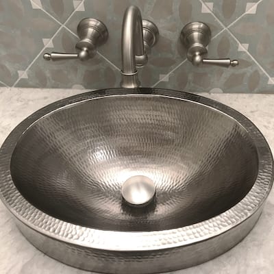 17-in Compact Oval Skirted Vessel Hammered Copper Sink in Nickel (VO17SKEN)