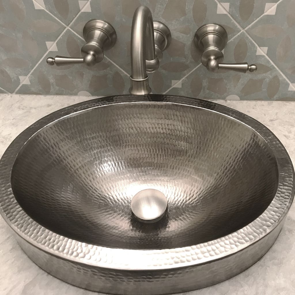 17-in Compact Oval Skirted Vessel Hammered Copper Sink in Nickel (VO17SKEN)