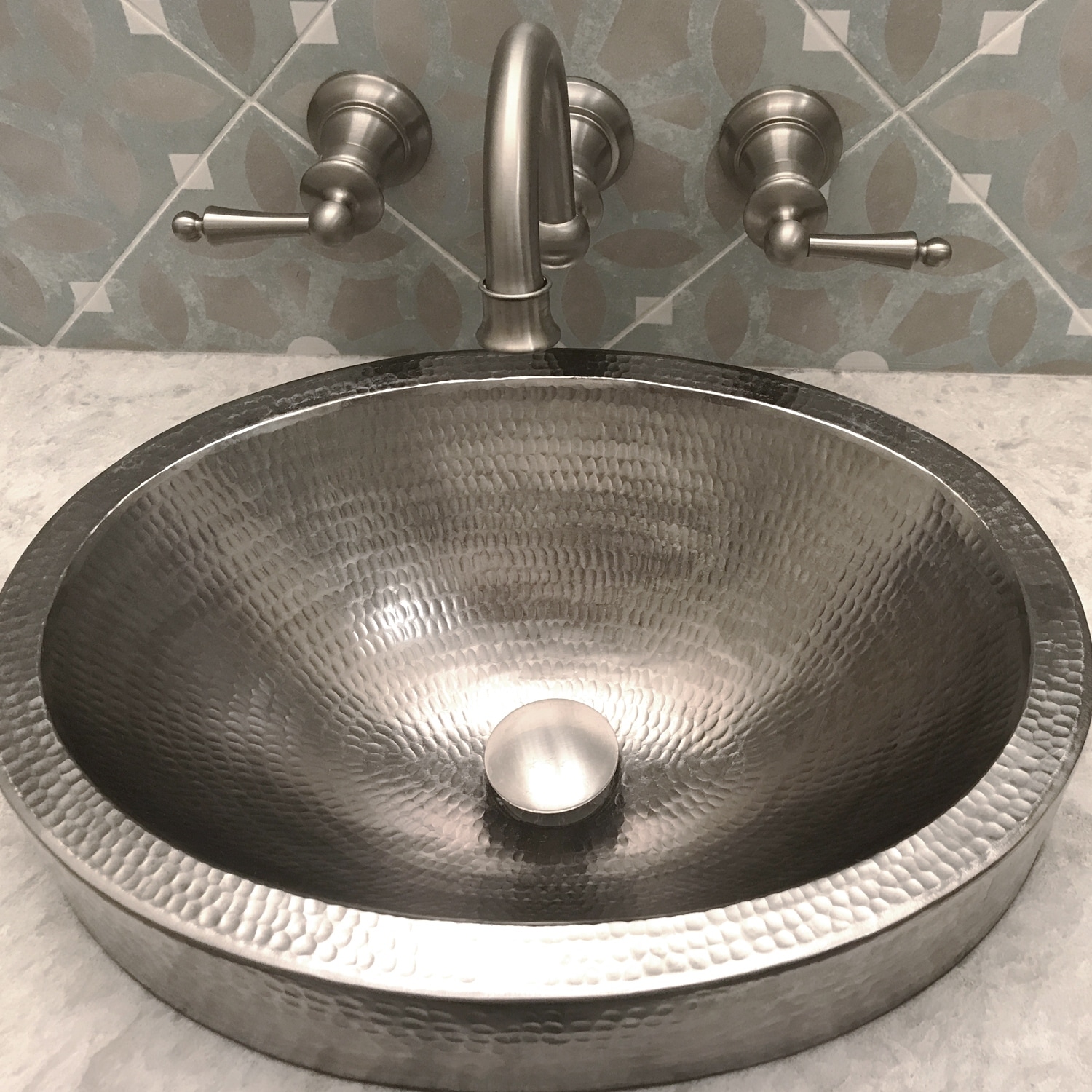 17-in Compact Oval Skirted Vessel Hammered Copper Sink in Nickel (VO17SKEN)