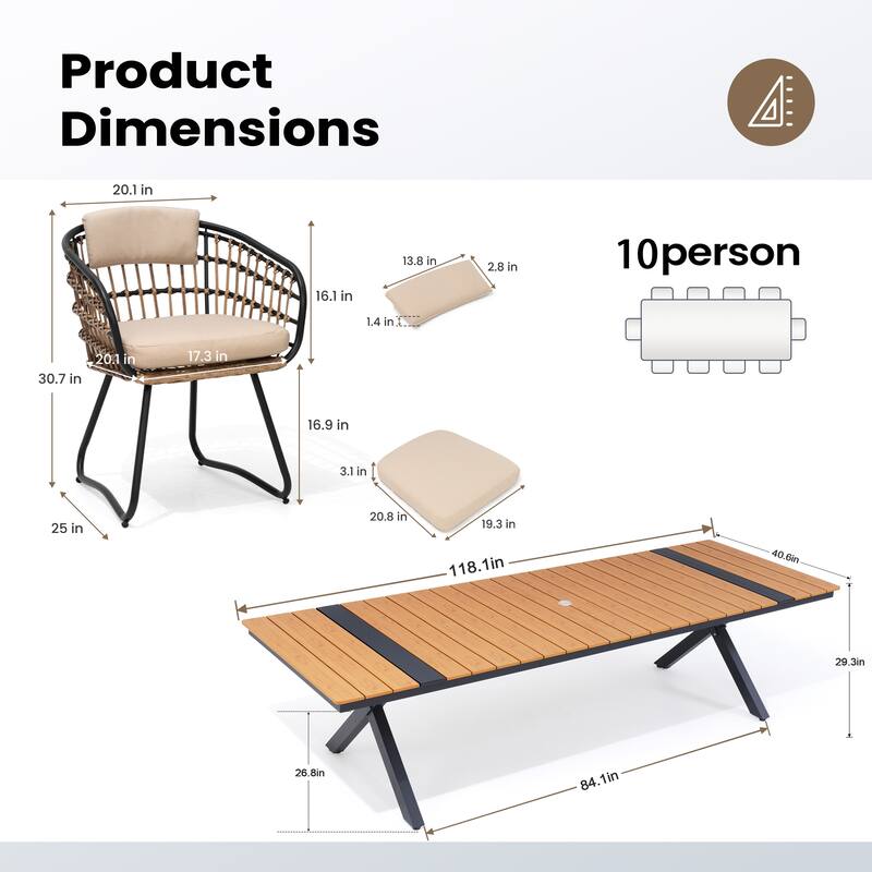 9/11PC Outdoor Patio Dining Set With Aluminum X-Frame Table Umbrella Hole Table Rattan Chairs