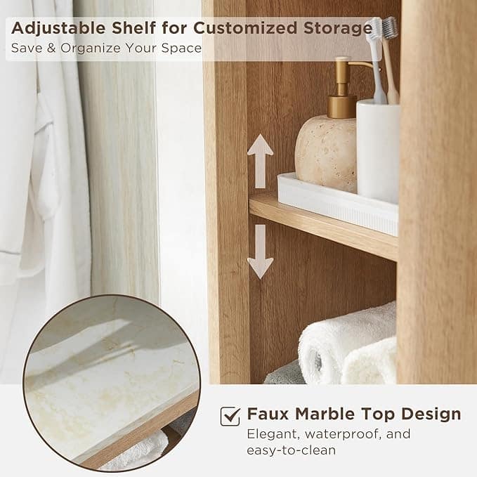 68" Tall Bathroom Narrow Storage Cabinet with Faux Marble Top