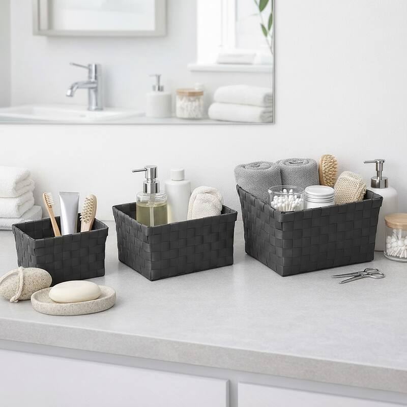 Checkered Woven Strap Storage Baskets (Set of 3) - 7.8 L x 5.3 W x 4.2 H