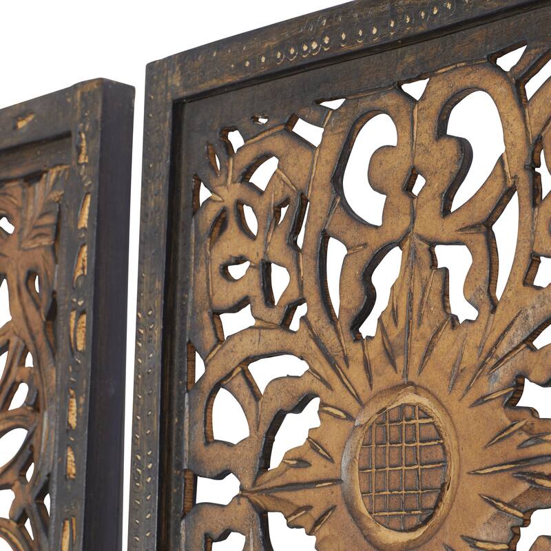 Wood Floral Handmade Intricately Carved Home Wall Decor - Set of 2 Brown - Roche River Decor