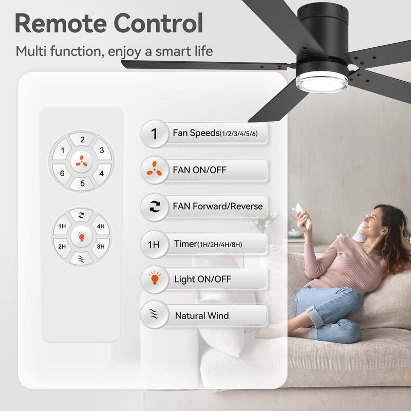 52" Reversible 5-Blade Flush Mount Ceiling Fan with LED Light and Remote