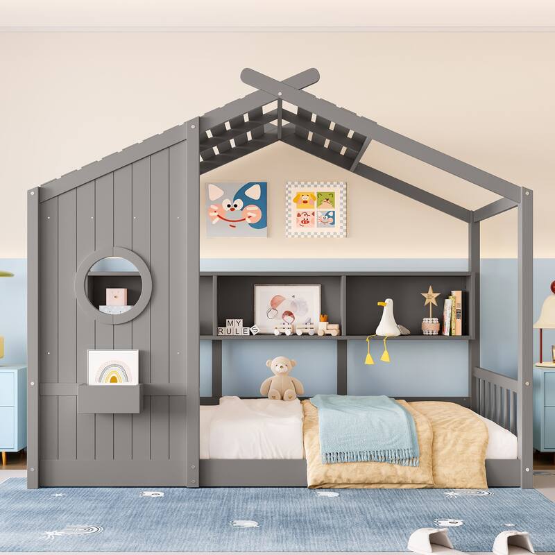 House Bed Frame for Toddler Floor Bed, Kids Montessori Bed with Storage Shelf and Round Window, Playhouse Bed with Roof Design