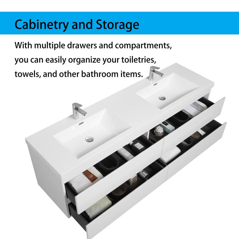 Wall 72" Floating Bathroom Vanity with Sink & and 4 Soft Close Drawers,White/Oak/Grey - 72 inch