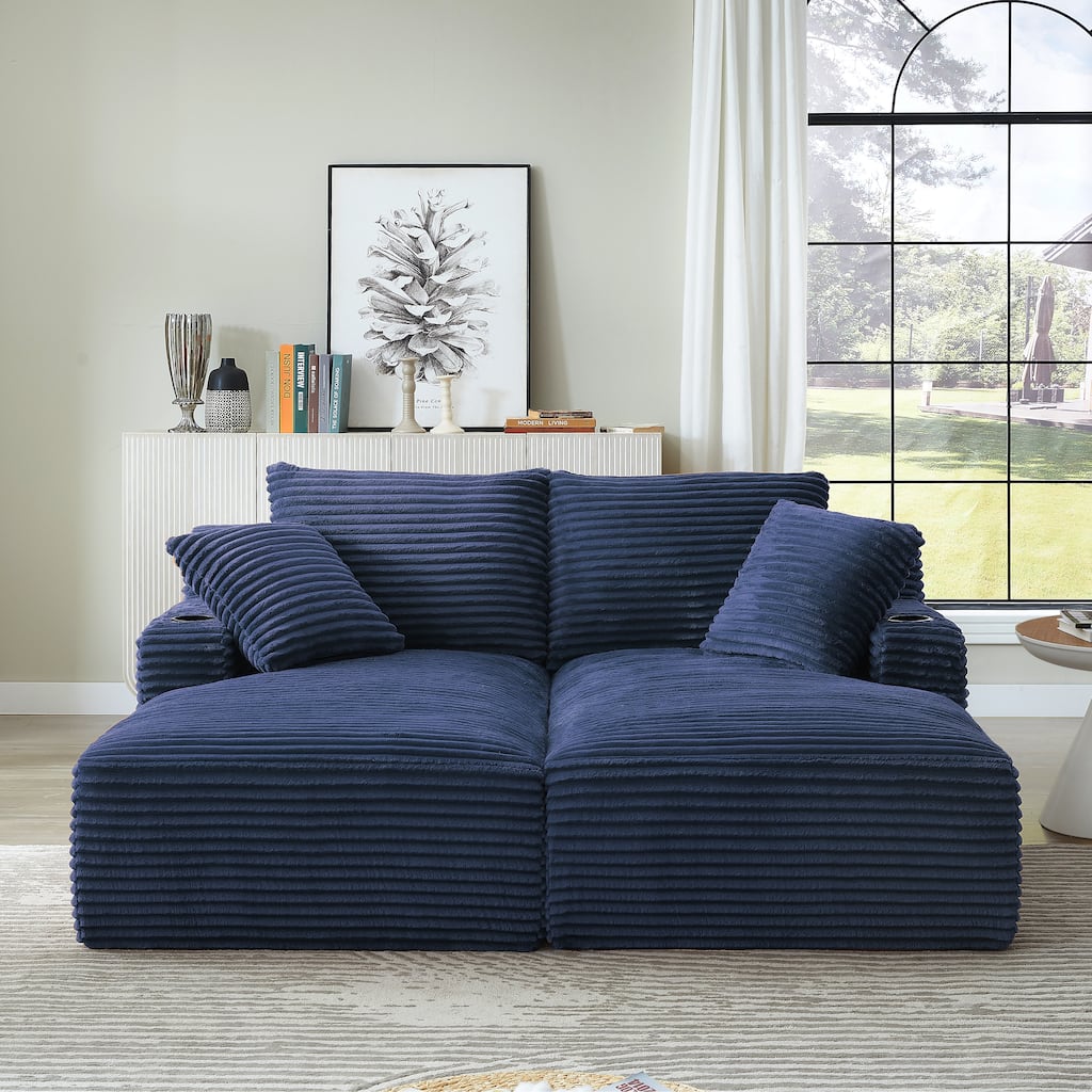 Compressible Double Chaise Lounge With Cupholders - No Assembly Required, Fluffy Modern Sleeper Loveseat