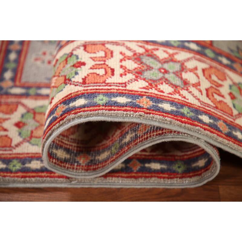 Geometric Kazak Rug Hand-Knotted Grey Wool Carpet - 3'3"x 4'10"