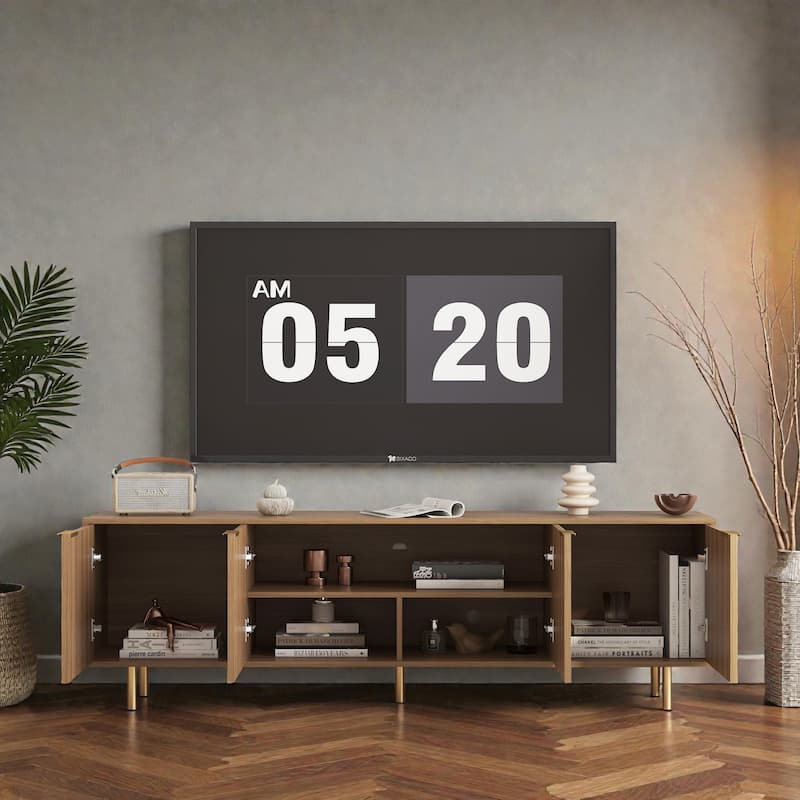 68'' Modern Fluted Wood TV Stand, Media Console with Storage Doors and Gold Legs, Entertainment Center for 55+ Inch TVs