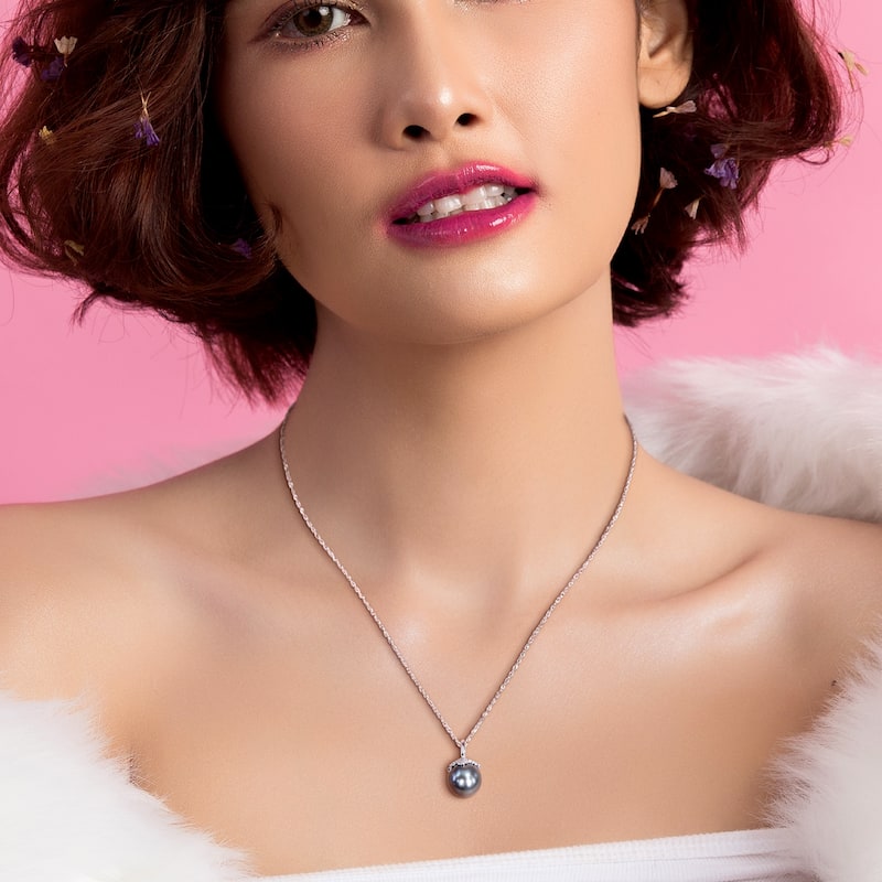 Miadora 10-10.5mm Black Tahitian Pearl and Diamond Accent 14k White Gold