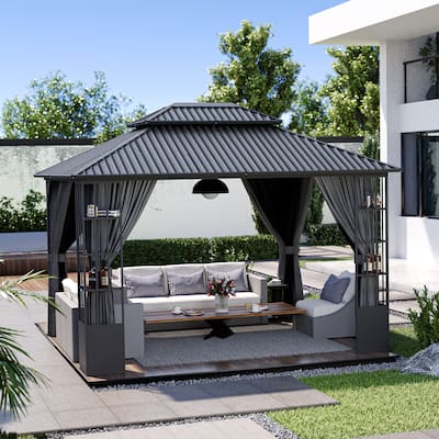 10 ft. x 12 ft. Double Roof Hardtop Patio Gazebo with Aluminum Frame, Storage Shelf