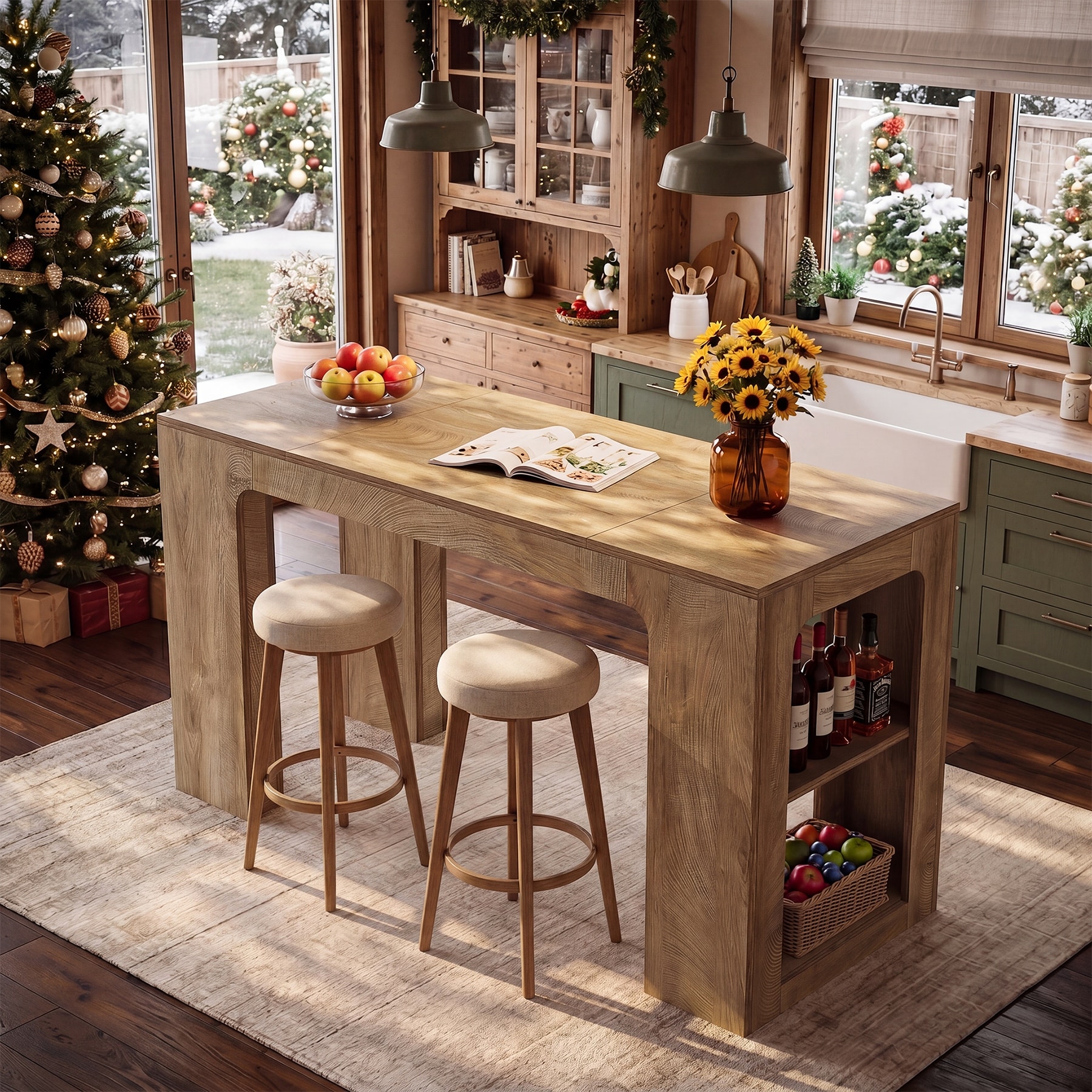 63'' Long Kitchen Island with Storage, Counter Height Stationary Island Stand with Shelves, High Top Table for Kitchens