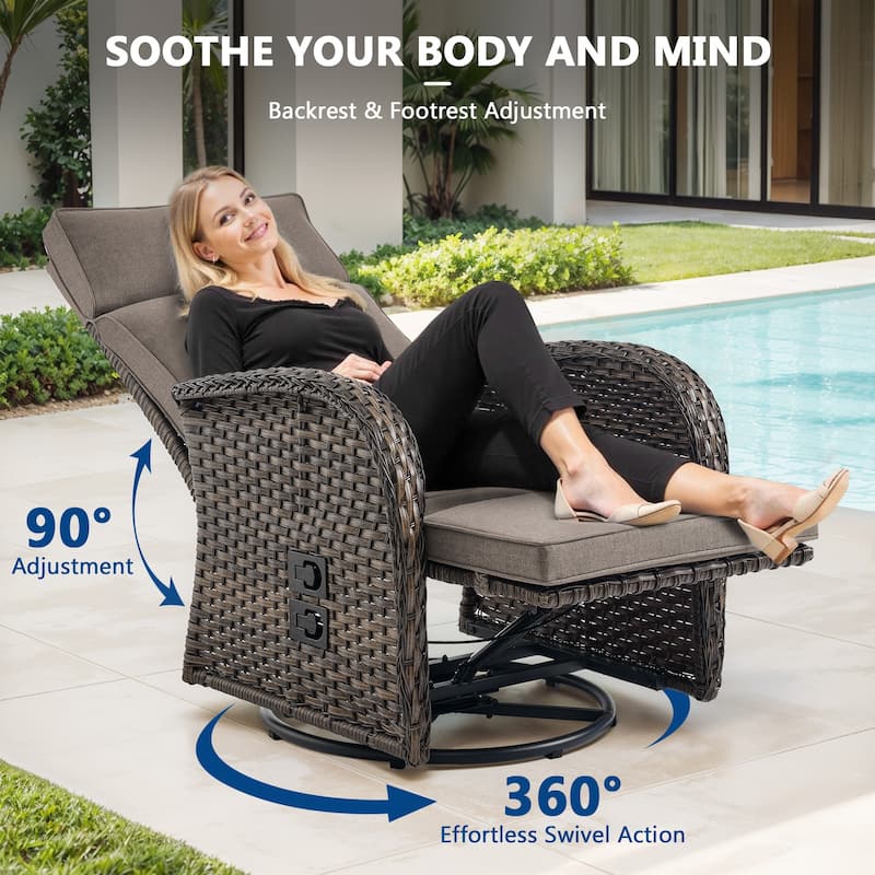 Meyreso 2-Piece Wicker Swivel Reclining Chaise Lounge with Adjustable Backrest & Footrest