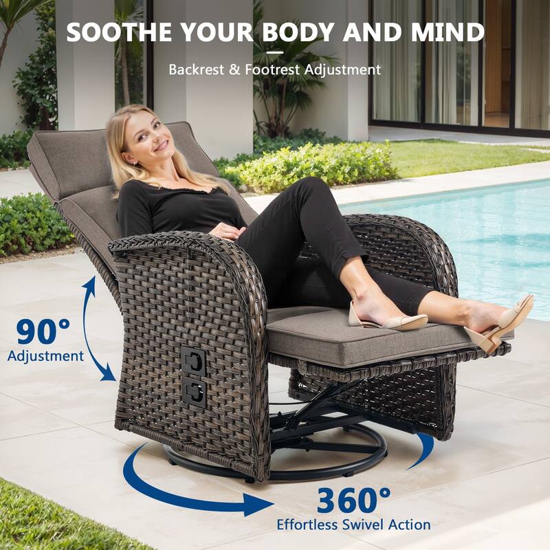 Meyreso 6-Piece Wicker Swivel Reclining Chaise Lounge with Adjustable Backrest & Ottoman