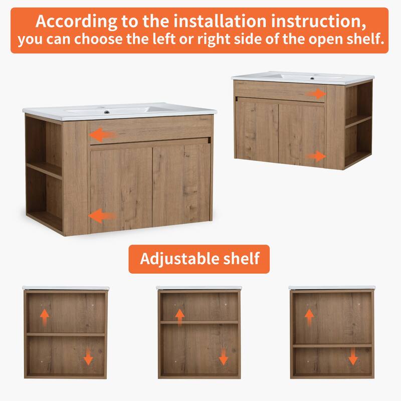 Compact Wall-Mounted Bathroom Vanity with Adjustable Open Shelf, 45° Inclined Handle Design - 29.13in L Plywood