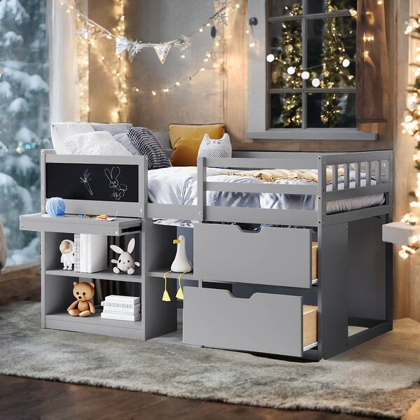 slide 2 of 17, Stylish & Simple Twin Size Low Loft Bed with Rolling Desk, Shelf and Drawers, Solid Construction & Versatility galore, Grey Grey