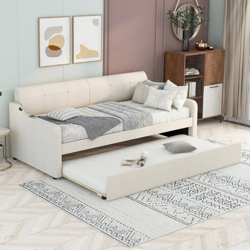 Twin Size Upholstered Daybed with Trundle and USB Charging, Beige