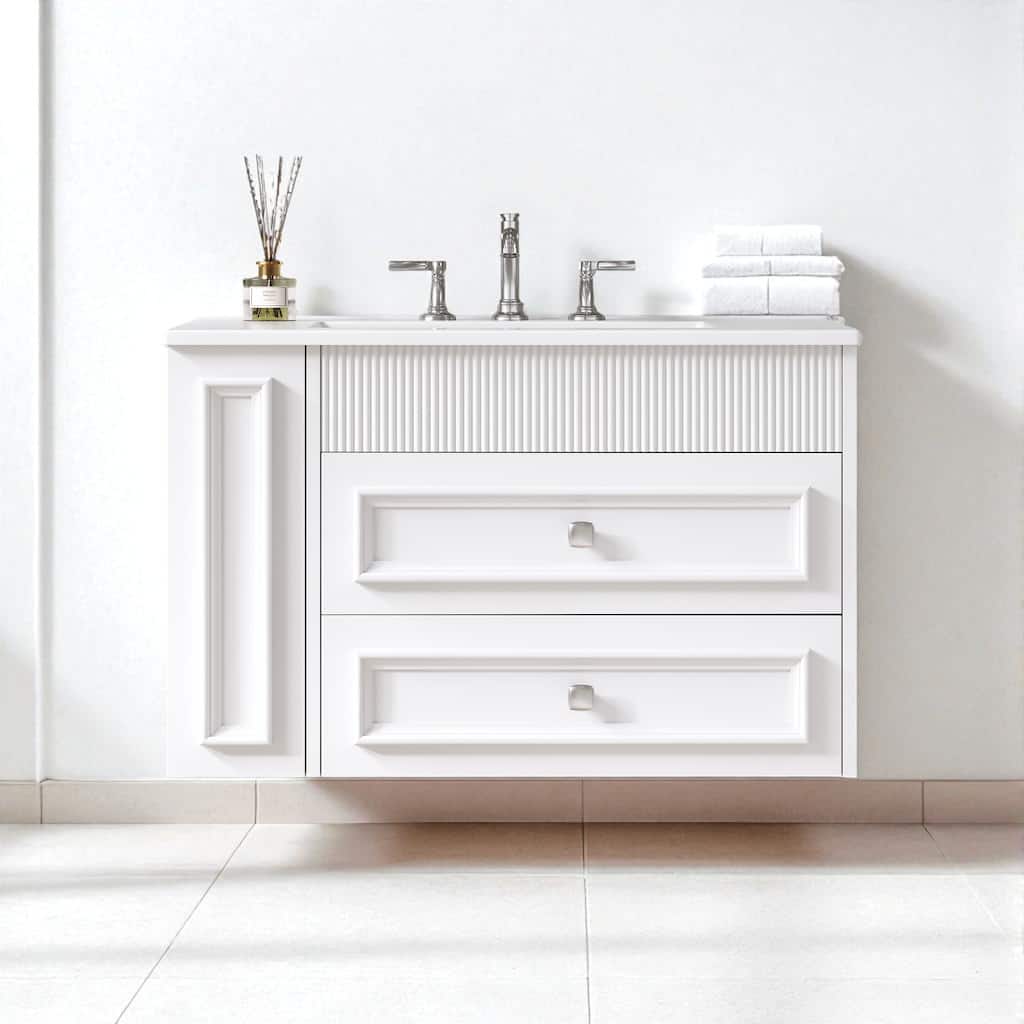 30" Wall Mounted Bathroom Vanity with Ceramic Sink and 2 Drawers, Modern Floating Storage Cabinet