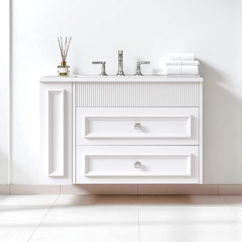 30" Wall Mounted Bathroom Vanity with Ceramic Sink and 2 Drawers, Modern Floating Storage Cabinet - White