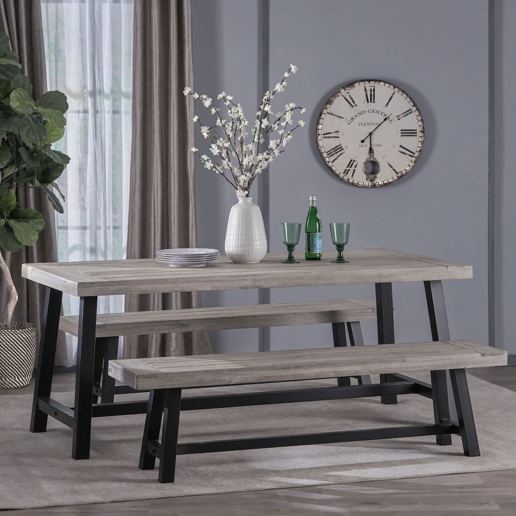 Jubilee Modern Industrial 3 Piece Acacia Wood Picnic Dining Set with Benches by Christopher Knight Home