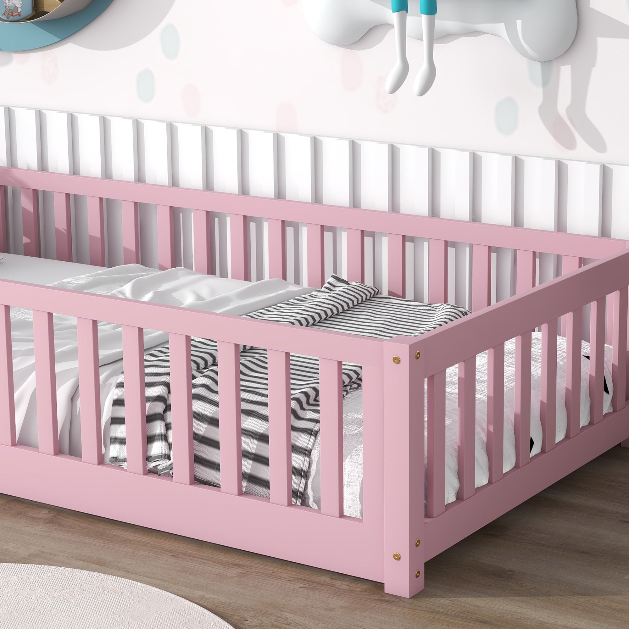 Floor Platform Bed with Fence without Door