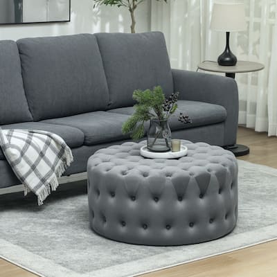 Dark Grey Polyester Velvet Ottoman Bench with Button Tufted Design