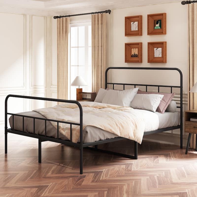 Black Queen Size Metal Platform Bed with Wave Shape Wooden Headboard