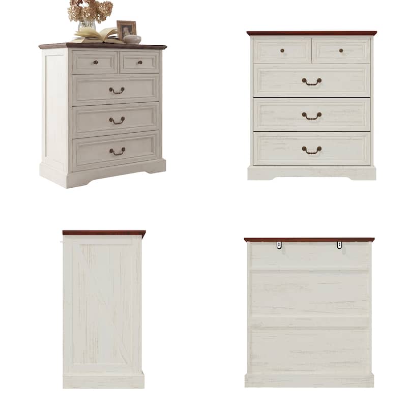 Farmhouse 5-Drawer Chest with Anti-Tip Device, Rustic Wooden Dresser for Bedroom, 36.3" Tall Storage Cabinet