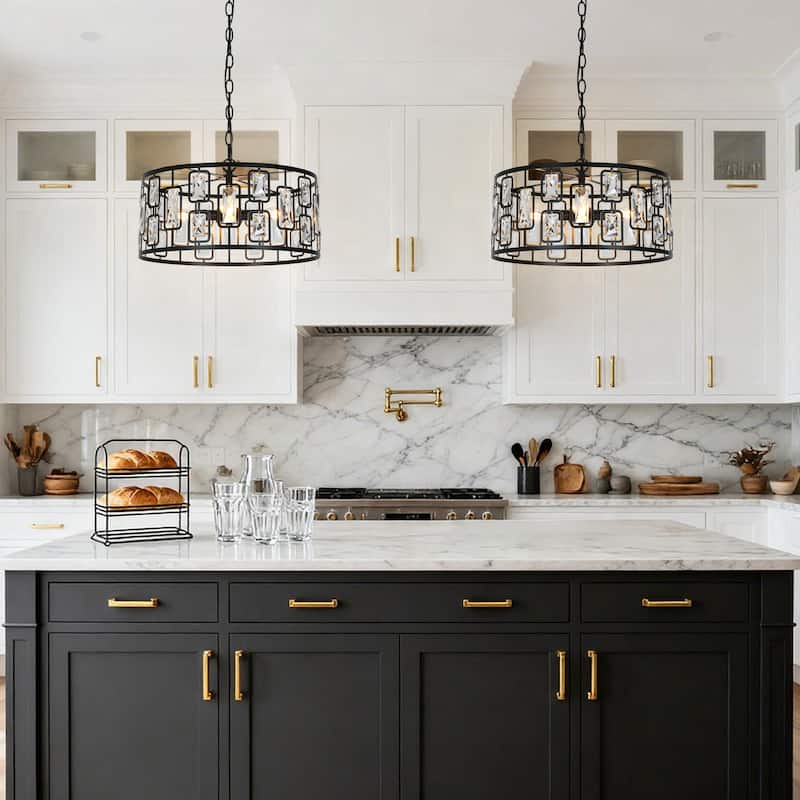Dana Modern 4-Light Crystal Black Drum Chandelier for Dining Room Foyer - D16.5"* H9.5"