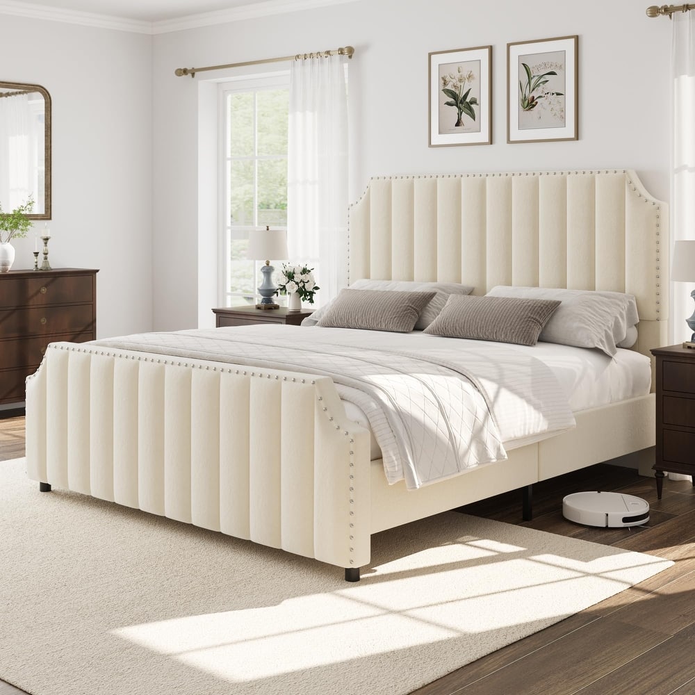 Velvet Upholstered Bed Frame with Headboard and Footboard