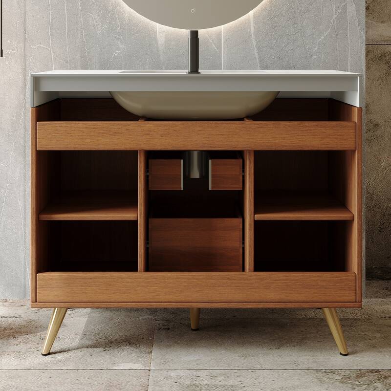 36" Modern Freestanding Bathroom Vanity with Sintered Stone Top, Ceramic Sink & Smart Storage